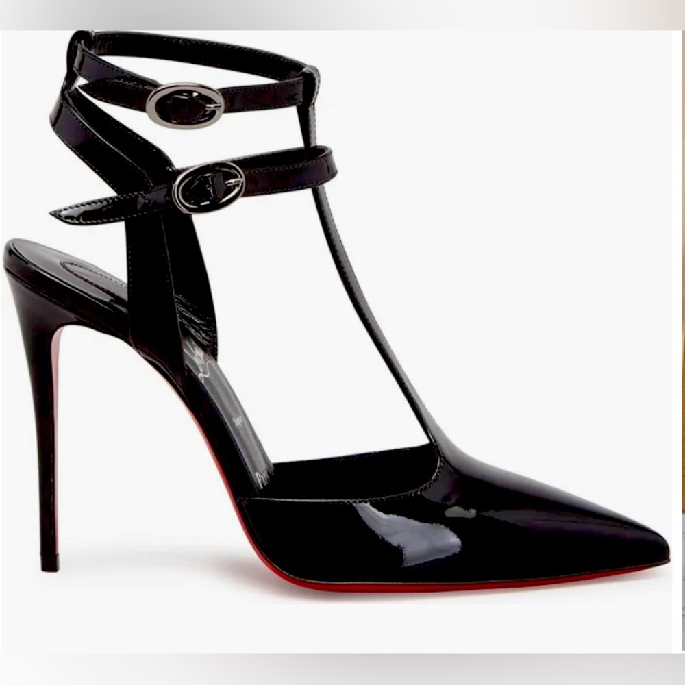 Christian Louboutin Black Patent Leather T-Strap Stiletto Heels with Red Soles